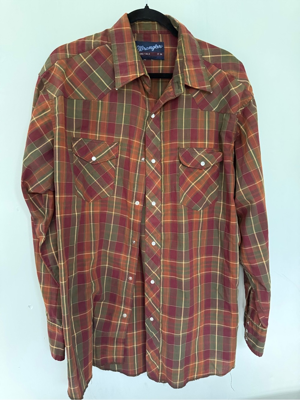 Vintage Wrangler Cowboy  X-Long Tails Western Shirt Men’s 17/36 Pearl Snap Plaid